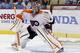 PITTSBURGH, PA - APRIL 7: Sergei Bobrovsky #35 of the Philadelphia Flyers protects the net against the Pittsburgh Penguins during the game at Consol Energy Center on April 7, 2012 in Pittsburgh, Pennsylvania. (Photo by Justin K. Aller/Getty Images)