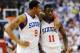 PHILADELPHIA, PA - MAY 18: Andre Iguodala #9 and Jrue Holiday #11 of the Philadelphia 76ers talk at the end of the game against the Boston Celtics in Game Four of the Eastern Conference Semifinals in the 2012 NBA Playoffs at the Wells Fargo Center on May 18, 2012 in Philadelphia, Pennsylvania. The Sixers won 92-83. NOTE TO USER: User expressly acknowledges and agrees that, by downloading and or using this photograph, User is consenting to the terms and conditions of the Getty Images License Agreement. (Photo by Drew Hallowell/Getty Images)
