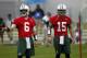FLORHAM PARK, NJ - MAY 24: Tim Tebow #15 and Mark Sanchez #6 of the New York Jets work out at an organized team activity at the Atlantic Health Training Center on May 24, 2012 in Florham Park, New Jersey. (Photo by Jeff Zelevansky/Getty Images)
