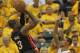 INDIANAPOLIS, IN - MAY 24: Dwyane Wade #3 of the Miami Heat puts up a shot over George Hill #3 of the Indiana Pacers on his way to a game-high 41 points in Game Six of the Eastern Conference Semifinals in the 2012 NBA Playoffs at Bankers Life Fieldhouse on May 24, 2012 in Indianapolis, Indiana. The Heat defeated the Pacers 105-93 to win the series. NOTE TO USER: User expressly acknowledges and agrees that, by downloading and/or using this photograph, User is consenting to the terms and conditions of the Getty Images License Agreement. (Photo by Jonathan Daniel/Getty Images)