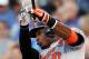 KANSAS CITY, MO - MAY 16: Adam Jones #10 of the Baltimore Orioles bats during the game against the Kansas City Royals at Kauffman Stadium on May 16, 2012 in Kansas City, Missouri. (Photo by Jamie Squire/Getty Images)