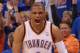 OKLAHOMA CITY, OK - MAY 21: Russell Westbrook #0 of the Oklahoma City Thunder reacts after scoring while fouled against the Los Angeles Lakers during Game Five of the Western Conference Semifinals of the 2012 NBA Playoffs at Chesapeake Energy Arena on May 21, 2012 in Oklahoma City, Oklahoma. NOTE TO USER: User expressly acknowledges and agrees that, by downloading and or using this photograph, User is consenting to the terms and conditions of the Getty Images License Agreement. (Photo by Ronald Martinez/Getty Images)