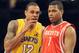 LOS ANGELES, CA - JANUARY 05: Shannon Brown #12 of the Los Angeles Lakers chats with Kyle Lowry #7 of the Houston Rockets during the game at Staples Center on January 5, 2010 in Los Angeles, California. NOTE TO USER: User expressly acknowledges and agrees that, by downloading and/or using this Photograph, user is consenting to the terms and conditions of the Getty Images License Agreement. (Photo by Harry How/Getty Images)