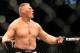 LAS VEGAS - JULY 11: Brock Lesnar reacts after knocking out Frank Mir during their heavyweight title bout during UFC 100 on July 11, 2009 in Las Vegas, Nevada. (Photo by Jon Kopaloff/Getty Images)