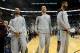 SALT LAKE CITY, UT - MAY 07: (L to R) Tony Parker #9, Manu Ginobili #20 and Tim Duncan #21 of the San Antonio Spurs stand during the national anthem before Game Four of the Western Conference Quarterfinals against the Utah Jazz in the 2012 NBA Playoffs at EnergySolutions Arena on May 7, 2012 in Salt Lake City, Utah. NOTE TO USER: User expressly acknowledges and agrees that, by downloading and or using this photograph, User is consenting to the terms and conditions of the Getty Images License Agreement. (Photo by Steve Dykes/Getty Images)