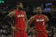 CHICAGO, IL - APRIL 12: Dwyane Wade #3 and LeBron James #6 of the Miami Heat wait as a member of the Chicago Bulls shoots a free-throw at the United Center on April 12, 2012 in Chicago, Illinois. The Bulls defeated the Heat 96-86 in overtime. NOTE TO USER: User expressly acknowledges and agrees that, by downloading and or using this photograph, User is consenting to the terms and conditions of the Getty Images License Agreement. (Photo by Jonathan Daniel/Getty Images)