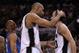SAN ANTONIO, TX - MAY 27: Tim Duncan #21 and Manu Ginobili #20 of the San Antonio Spurs react as Russell Westbrook #0 of the Oklahoma City Thunder looks on in the fourth quarter in Game One of the Western Conference Finals of the 2012 NBA Playoffs at AT&T Center on May 27, 2012 in San Antonio, Texas. NOTE TO USER: User expressly acknowledges and agrees that, by downloading and or using this photograph, user is consenting to the terms and conditions of the Getty Images License Agreement. (Photo by Ronald Martinez/Getty Images)