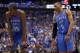 DALLAS, TX - MAY 25: Kevin Durant #35 and Russell Westbrook #0 of the Oklahoma City Thunder stand next to each other on the court in the fourth quarter while taking on the Dallas Mavericks in Game Five of the Western Conference Finals during the 2011 NBA Playoffs at American Airlines Center on May 25, 2011 in Dallas, Texas. NOTE TO USER: User expressly acknowledges and agrees that, by downloading and or using this photograph, User is consenting to the terms and conditions of the Getty Images License Agreement. (Photo by Ronald Martinez/Getty Images)