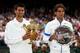 LONDON, ENGLAND - JULY 03: Winner Novak Djokovic of Serbia (L) and runner-up Rafael Nadal of Spain with their trophies after their final round Gentlemen's match on Day Thirteen of the Wimbledon Lawn Tennis Championships at the All England Lawn Tennis and Croquet Club on July 3, 2011 in London, England. (Photo by Clive Brunskill/Getty Images)