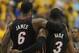 INDIANAPOLIS, IN - MAY 20: LeBron James #6 of the Miami Heat hugs teammate Dwyane Wade #3 near the end of a win over the Indiana Pacers in Game Four of the Eastern Conference Semifinals in the 2012 NBA Playoffs at Bankers Life Fieldhouse on May 20, 2012 in Indianapolis, Indiana. The Heat defeated the Pacers 101-93. NOTE TO USER: User expressly acknowledges and agrees that, by downloading and/or using this photograph, User is consenting to the terms and conditions of the Getty Images License Agreement. (Photo by Jonathan Daniel/Getty Images)