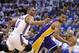 OKLAHOMA CITY, OK - MAY 16: Ramon Sessions #7 of the Los Angeles Lakers drives inside on Russell Westbrook #0 of the Oklahoma City Thunder in Game Two of the Western Conference Semifinals during the 2012 NBA Playoffs on May 16, 2012 at the Chesapeake Energy Arena in Oklahoma City, Oklahoma. The Thunder beat the Lakers 77-75. NOTE TO USER: User expressly acknowledges and agrees that, by downloading and or using the photograph, User is consenting to the terms and conditions of the Getty Images License Agreement. (Photo by Brett Deering/Getty Images)