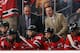 NEWARK, NJ - MAY 06: (l-r) Head coach Peter DeBoer and assistant coach Adam Oates of the New Jersey Devils handle bench duties against the Philadelphia Flyers in Game Four of the Eastern Conference Semifinals during the 2012 NHL Stanley Cup Playoffs at Prudential Center on May 6, 2012 in Newark, New Jersey. The Devils defeated the Flyers 4-2. (Photo by Bruce Bennett/Getty Images)
