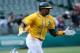 OAKLAND, CA - APRIL 25: Yoenis Cespedes #52 of the Oakland Athletics celebrates while running the bases after he hits a two-run home run to tie the game in the bottom of the fourteenth inning against the Chicago White Sox at O.co Coliseum on April 25, 2012 in Oakland, California. The Athletics won the game 5-4 in the fourteenth inning. (Photo by Thearon W. Henderson/Getty Images)