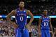 NEW ORLEANS, LA - APRIL 02: Thomas Robinson #0 and Tyshawn Taylor #10 of the Kansas Jayhawks look on in the first half while taking on the Kentucky Wildcats in the National Championship Game of the 2012 NCAA Division I Men's Basketball Tournament at the Mercedes-Benz Superdome on April 2, 2012 in New Orleans, Louisiana. (Photo by Jeff Gross/Getty Images)