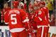 DETROIT, MI - FEBRUARY 14: Henrik Zetterberg #40 of the Detroit Red Wings celebrates his first period goal with Johan Franzen #93, Ian White #18 and Nicklas Lidstrom #5 while playing the Dallas Stars at Joe Louis Arena on February 14, 2012 in Detroit, Michigan. (Photo by Gregory Shamus/Getty Images)