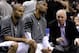 SAN ANTONIO, TX - MAY 29: (R-L) Head coach Gregg Popovich of the San Antonio Spurs talks to Tim Duncan #21 and Tony Parker #9 on the bench in the third quarter while taking on the Oklahoma City Thunder in Game Two of the Western Conference Finals of the 2012 NBA Playoffs at AT&T Center on May 29, 2012 in San Antonio, Texas. NOTE TO USER: User expressly acknowledges and agrees that, by downloading and or using this photograph, user is consenting to the terms and conditions of the Getty Images License Agreement. (Photo by Tom Pennington/Getty Images)