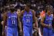 SAN ANTONIO, TX - MAY 27: (L-R) James Harden #13, Kevin Durant #35 and Russell Westbrook #0 of the Oklahoma City Thunder walk off the court after losing 101-98 to the San Antonio Spurs in Game One of the Western Conference Finals of the 2012 NBA Playoffs at AT&T Center on May 27, 2012 in San Antonio, Texas. NOTE TO USER: User expressly acknowledges and agrees that, by downloading and or using this photograph, user is consenting to the terms and conditions of the Getty Images License Agreement. (Photo by Ronald Martinez/Getty Images)