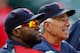 BALTIMORE, MD - MAY 22: Manager Bobby Valentine (R) and David Ortiz #34 of the Boston Red Sox look on during batting practice before the start of the Red Sox game against the Baltimore Orioles at Oriole Park at Camden Yards on May 22, 2012 in Baltimore, Maryland. (Photo by Rob Carr/Getty Images)