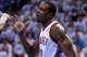 OKLAHOMA CITY, OK - JUNE 02: Serge Ibaka #9 of the Oklahoma City Thunder reacts in the second quarter while taking on the San Antonio Spurs in Game Four of the Western Conference Finals of the 2012 NBA Playoffs at Chesapeake Energy Arena on June 2, 2012 in Oklahoma City, Oklahoma. NOTE TO USER: User expressly acknowledges and agrees that, by downloading and or using this photograph, User is consenting to the terms and conditions of the Getty Images License Agreement. (Photo by Brett Deering/Getty Images)