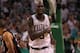 BOSTON, MA - JUNE 01: Kevin Garnett #5 of the Boston Celtics reacts in the second half against the Miami Heat in Game Three of the Eastern Conference Finals in the 2012 NBA Playoffs on June 1, 2012 at TD Garden in Boston, Massachusetts. NOTE TO USER: User expressly acknowledges and agrees that, by downloading and or using this photograph, User is consenting to the terms and conditions of the Getty Images License Agreement. (Photo by Jim Rogash/Getty Images)