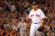 BOSTON, MA - MAY 31: Josh Beckett #19 of the Boston Red Sox reacts in the fifth inning against the Detroit Tigers at Fenway Park May 31, 2012 in Boston, Massachusetts. (Photo by Jim Rogash/Getty Images)