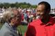 DUBLIN, OH - JUNE 03: Tournament founder Jack Nicklaus greets Tiger Woods as he walks off the 18th green during the final round of the Memorial Tournament presented by Nationwide Insurance at Muirfield Village Golf Club on June 3, 2012 in Dublin, Ohio. (Photo by Scott Halleran/Getty Images)