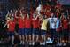 MADRID, SPAIN - JUNE 30: Fernando Torres and Xavi Hernandez hold the trophy aloft as the Spanish team celebrate with fans at Plaza Colon after winning the UEFA EURO 2008 Final match between Germany and Spain 2008 on June 30, 2008 in Madrid, Spain. (Photo by Denis Doyle/Getty Images)