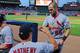 ATLANTA, GA - MAY 30: Skip Schumacher #55 of the St. Louis Cardinals is congratulated by Manager Mike Matheny #22 after scoring a sixth inning runagainst the Atlanta Braves at Turner Field on May 30, 2012 in Atlanta, Georgia. (Photo by Scott Cunningham/Getty Images)