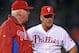 PHILADELPHIA, PA - JUNE 01: Manager Charlie Manuel #41 of the Philadelphia Phillies stands on the mound and talks with pitching coach Rich Dubee #30 after Jose Contreras #52 was injured during the game against the Miami Marlins at Citizens Bank Park on June 1, 2012 in Philadelphia, Pennsylvania. The Phillies won 6-4. (Photo by Drew Hallowell/Getty Images)