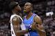 SAN ANTONIO, TX - JUNE 04: Serge Ibaka #9 of the Oklahoma City Thunder reacts after a play against Stephen Jackson #3 of the San Antonio Spurs in Game Five of the Western Conference Finals of the 2012 NBA Playoffs at AT&T Center on June 4, 2012 in San Antonio, Texas. NOTE TO USER: User expressly acknowledges and agrees that, by downloading and or using this photograph, user is consenting to the terms and conditions of the Getty Images License Agreement. (Photo by Ronald Martinez/Getty Images)