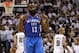 SAN ANTONIO, TX - JUNE 04: James Harden #13 of the Oklahoma City Thunder hitting a three point late in the fourth quarter against the San Antonio Spurs in Game Five of the Western Conference Finals of the 2012 NBA Playoffs at AT&T Center on June 4, 2012 in San Antonio, Texas. NOTE TO USER: User expressly acknowledges and agrees that, by downloading and or using this photograph, user is consenting to the terms and conditions of the Getty Images License Agreement. (Photo by Ronald Martinez/Getty Images)