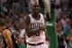 BOSTON, MA - JUNE 01: Kevin Garnett #5 of the Boston Celtics reacts in the second half against the Miami Heat in Game Three of the Eastern Conference Finals in the 2012 NBA Playoffs on June 1, 2012 at TD Garden in Boston, Massachusetts. NOTE TO USER: User expressly acknowledges and agrees that, by downloading and or using this photograph, User is consenting to the terms and conditions of the Getty Images License Agreement. (Photo by Jim Rogash/Getty Images)