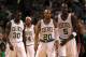 BOSTON, MA - JUNE 01: (l-R) Brandon Bass #30, Paul Pierce #34, Ray Allen #20 and Kevin Garnett #5 of the Boston Celtics look on in the first half against the Miami Heat in Game Three of the Eastern Conference Finals in the 2012 NBA Playoffs on June 1, 2012 at TD Garden in Boston, Massachusetts. NOTE TO USER: User expressly acknowledges and agrees that, by downloading and or using this photograph, User is consenting to the terms and conditions of the Getty Images License Agreement. (Photo by Jim Rogash/Getty Images)