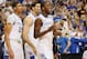 ATLANTA, GA - MARCH 25: Anthony Davis #23, Eloy Vargas #30 and Michael Kidd-Gilchrist #14 of the Kentucky Wildcats celebrate their 82 to 70 win over the Baylor Bears during the 2012 NCAA Men's Basketball South Regional Final at the Georgia Dome on March 25, 2012 in Atlanta, Georgia. (Photo by Kevin C. Cox/Getty Images)
