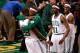 BOSTON, MA - JUNE 03: Paul Pierce #34 and Mickael Pietrus #28 of the Boston Celtics celebrate after they won 93-91 in overtime against the Miami Heat in Game Four of the Eastern Conference Finals in the 2012 NBA Playoffs on June 3, 2012 at TD Garden in Boston, Massachusetts. NOTE TO USER: User expressly acknowledges and agrees that, by downloading and or using this photograph, User is consenting to the terms and conditions of the Getty Images License Agreement. (Photo by Jared Wickerham/Getty Images)