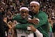 BOSTON, MA - JUNE 03: Rajon Rondo #9 and Paul Pierce #34 of the Boston Celtics celebrate after they won 93-91 in overtime against the Miami Heat in Game Four of the Eastern Conference Finals in the 2012 NBA Playoffs on June 3, 2012 at TD Garden in Boston, Massachusetts. NOTE TO USER: User expressly acknowledges and agrees that, by downloading and or using this photograph, User is consenting to the terms and conditions of the Getty Images License Agreement. (Photo by Jim Rogash/Getty Images)