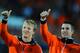 ROTTERDAM, NETHERLANDS - OCTOBER 07: Robin van Persie (R) and Dirk Kuyt of the Netherlands greet fans prior to the start of the UEFA EURO 2012 Group E Qualifier between Netherlands and Moldova at the Kuip stadium on October 7, 2011 in Rotterdam, Netherlands. (Photo by Jasper Juinen/Getty Images)