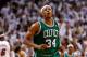 MIAMI, FL - JUNE 05: Paul Pierce #34 of the Boston Celtics reacts after he made a 3-point basket in the final minute of the fourt quarter to give the Celtics a 90-86 lead against the Miami Heat in Game Five of the Eastern Conference Finals in the 2012 NBA Playoffs on June 5, 2012 at American Airlines Arena in Miami, Florida. NOTE TO USER: User expressly acknowledges and agrees that, by downloading and or using this photograph, User is consenting to the terms and conditions of the Getty Images License Agreement. (Photo by Mike Ehrmann/Getty Images)