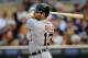 MINNEAPOLIS, MN - MAY 25: Alex Avila #13 of the Detroit Tigers hits a two RBI double against the Minnesota Twins during the second inning on May 25, 2012 at Target Field in Minneapolis, Minnesota. (Photo by Hannah Foslien/Getty Images)