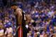 DALLAS, TX - JUNE 09: LeBron James #6 of the Miami Heat stands on the court with his head down against the Dallas Mavericks in the fourth quarter of Game Five of the 2011 NBA Finals at American Airlines Center on June 9, 2011 in Dallas, Texas. NOTE TO USER: User expressly acknowledges and agrees that, by downloading and/or using this Photograph, user is consenting to the terms and conditions of the Getty Images License Agreement. (Photo by Mike Ehrmann/Getty Images)