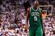 MIAMI, FL - JUNE 05: Kevin Garnett #5 of the Boston Celtics walks up court with his head down against the Miami Heat in Game Five of the Eastern Conference Finals in the 2012 NBA Playoffs on June 5, 2012 at American Airlines Arena in Miami, Florida. NOTE TO USER: User expressly acknowledges and agrees that, by downloading and or using this photograph, User is consenting to the terms and conditions of the Getty Images License Agreement. (Photo by Mike Ehrmann/Getty Images)