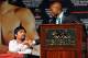 LAS VEGAS, NV - JUNE 06: Boxers Manny Pacquiao (L) and Timothy Bradley shake hands during the final news conference for their bout at the MGM Grand Hotel/Casino June 6, 2012 in Las Vegas, Nevada. Pacquiao will defend his WBO welterweight title against Bradley when the two meet in the ring on June 9 in Las Vegas. (Photo by David Becker/Getty Images)