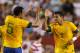 LANDOVER, MD - MAY 30: Thiago Silva #3 of Brazil celebrates scoring a goal with teammate Sandro #5 against USA during an International friendly game at FedExField on May 30, 2012 in Landover, Maryland. (Photo by Rob Carr/Getty Images)