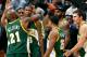 ATLANTA - NOVEMBER 16: Kevin Durant #35 of the Seattle SuperSonics celebrates with teammates after scoring the game-winning basket over the Atlanta Hawks as time expired in the second overtime at Philips Arena November 16, 2007 in Atlanta, Georgia. Seattle defeated Atlanta 126-123. (Photo by Kevin C. Cox/Getty Images)