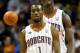 CHARLOTTE, NC - FEBRUARY 10: Kemba Walker #1 of the Charlotte Bobcats and teammates Bismack Biyombo #0 walk down the court during their game against the Chicago Bulls at Time Warner Cable Arena on February 10, 2012 in Charlotte, North Carolina. NOTE TO USER: User expressly acknowledges and agrees that, by downloading and or using this photograph, User is consenting to the terms and conditions of the Getty Images License Agreement. (Photo by Streeter Lecka/Getty Images)