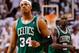 MIAMI, FL - JUNE 05: (L-R) Paul Pierce #34 and Kevin Garnett #5 of the Boston Celtics react late in the fourth quarter against the Miami Heat in Game Five of the Eastern Conference Finals in the 2012 NBA Playoffs on June 5, 2012 at American Airlines Arena in Miami, Florida. NOTE TO USER: User expressly acknowledges and agrees that, by downloading and or using this photograph, User is consenting to the terms and conditions of the Getty Images License Agreement. (Photo by Mike Ehrmann/Getty Images)