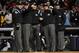 NEW YORK - OCTOBER 28: The Umpire crew stands at home plate prior to the start of Game One of the 2009 MLB World Series between the New York Yankees and the Philadelphia Phillies at Yankee Stadium on October 28, 2009 in the Bronx borough of New York City. (Photo by Jed Jacobsohn/Getty Images)