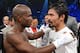LAS VEGAS, NV - JUNE 09: (L-R) Timothy Bradley and Manny Pacquiao talk in the ring after Bradley defeated Pacquiao by split decision to win the WBO welterweight championship at MGM Grand Garden Arena on June 9, 2012 in Las Vegas, Nevada. (Photo by Kevork Djansezian/Getty Images)