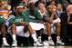 BOSTON, MA - JUNE 07: (L-R) Paul Pierce #34, Kevin Garnett #5 and Ray Allen #20 of the Boston Celtics look on dejected from the bench in the fourth quarter against the Miami Heat in Game Six of the Eastern Conference Finals in the 2012 NBA Playoffs on June 7, 2012 at TD Garden in Boston, Massachusetts. NOTE TO USER: User expressly acknowledges and agrees that, by downloading and or using this photograph, User is consenting to the terms and conditions of the Getty Images License Agreement. (Photo by Jim Rogash/Getty Images)