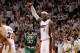 MIAMI, FL - JUNE 09: LeBron James #6 of the Miami Heat reacts after making a three-pointer in the fourth quarter against the Boston Celtics in Game Seven of the Eastern Conference Finals in the 2012 NBA Playoffs on June 9, 2012 at American Airlines Arena in Miami, Florida. NOTE TO USER: User expressly acknowledges and agrees that, by downloading and or using this photograph, User is consenting to the terms and conditions of the Getty Images License Agreement. (Photo by Mike Ehrmann/Getty Images)
